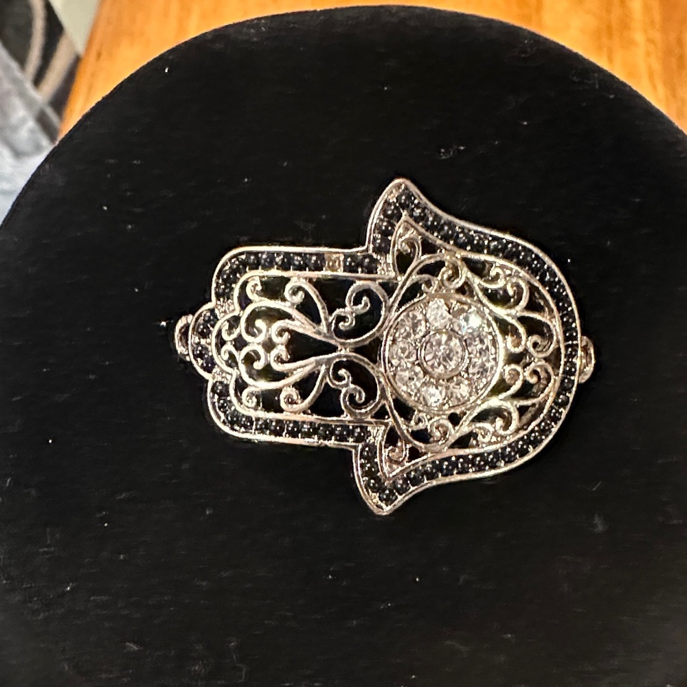 Elegant Gold tone and Black Hamsa Hand Brooch